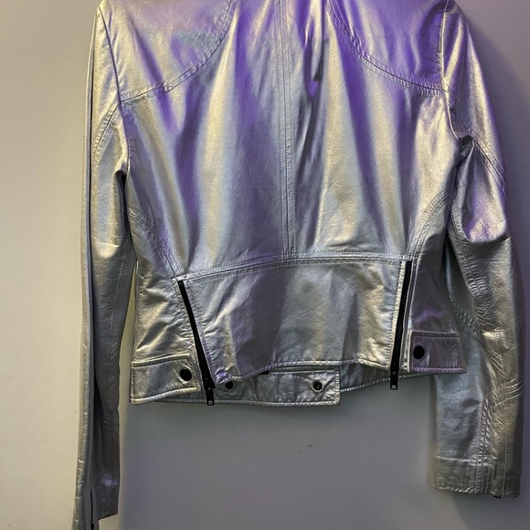 Silver lamb skin leather DKNY Jacket in small black zippers motorcycle designer - Picture 2 of 11